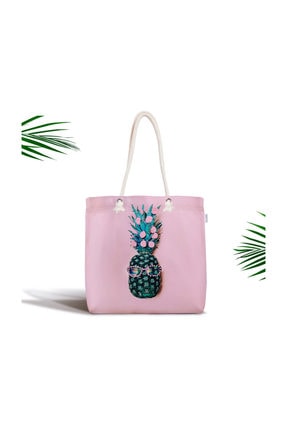 Realhomes Pembe Zeminde 3d Ananas Temalı Modern Fermuarlı Kumaş Çanta Canta-3244