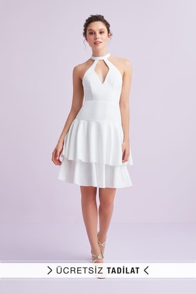 Oleg Cassini Kadın Beyaz Halter Yaka Krep Kısa Nikah Elbisesi VC5074WHT