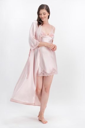 Arnetta Kadın Pudra Rose Lace Askılı Saten Gecelik Uzun Sabahlık 2'Li Takım