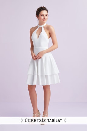 Oleg Cassini Kadın Beyaz Halter Yaka Krep Kısa Nikah Elbisesi VC5074WHT