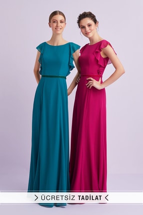 Oleg Cassini Kadın Pembe Kolları Fırfırlı Şifon Uzun Abiye Elbise VC3940