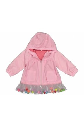 Midimod Kız Çocuk Pembe Renk Bel Kısmı Tül Içi Pon Ponlu Yağmurluk