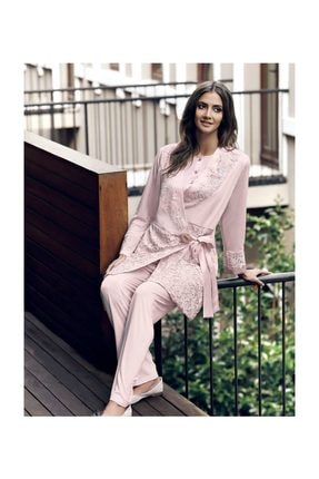 İmaj Miss Charmen 3040 Kadın Üçlü Penye Dantelli Uzun Kol Pijama Takımı - Pudra